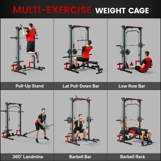 SPORTNOW Cable Crossover Machine, Multi-Function Power Rack With Pull Up Bar, Lat Pull Down System, Squat Rack, Barbell Bar