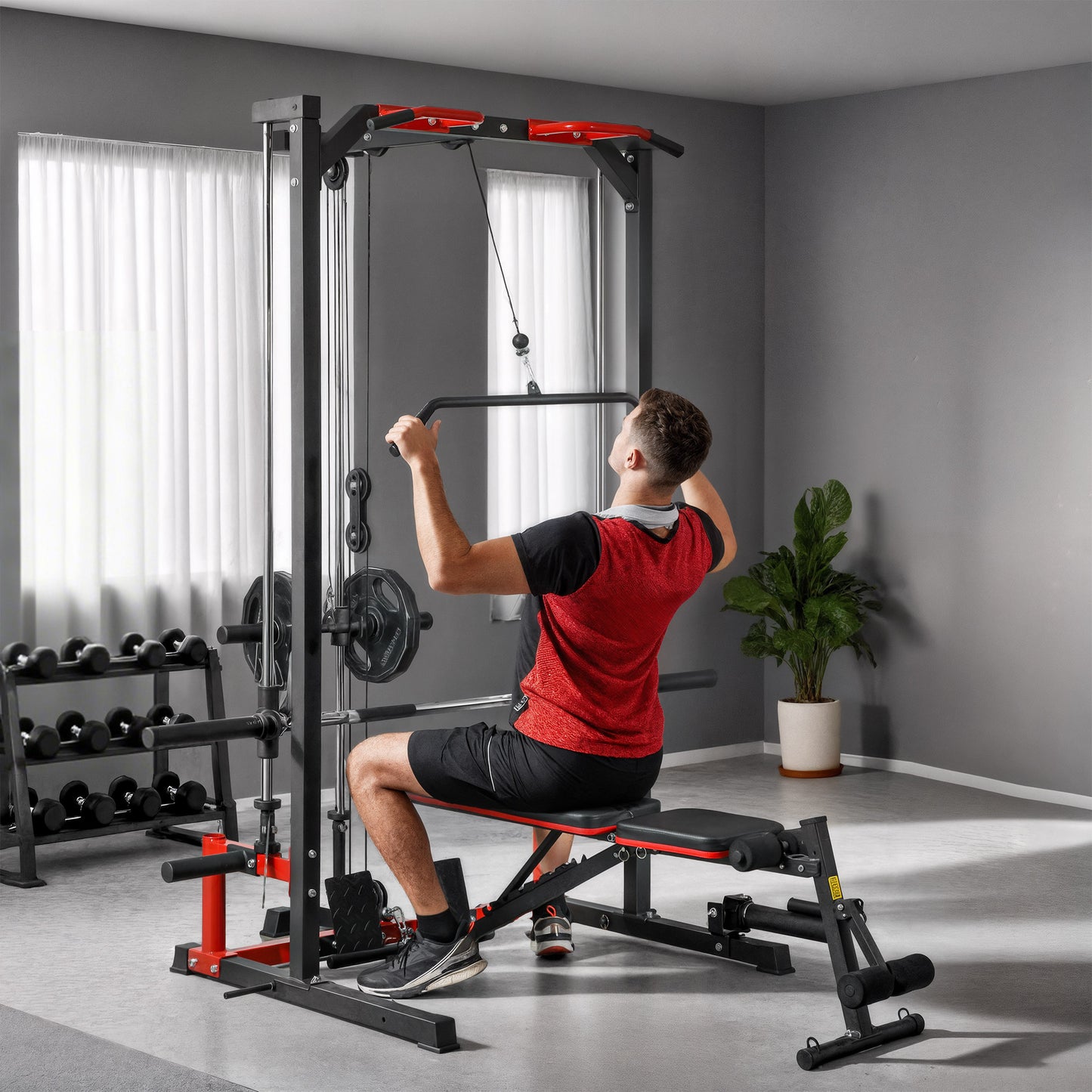 SPORTNOW Cable Crossover Machine, Multi-Function Power Rack With Pull Up Bar, Lat Pull Down System, Squat Rack, Barbell Bar